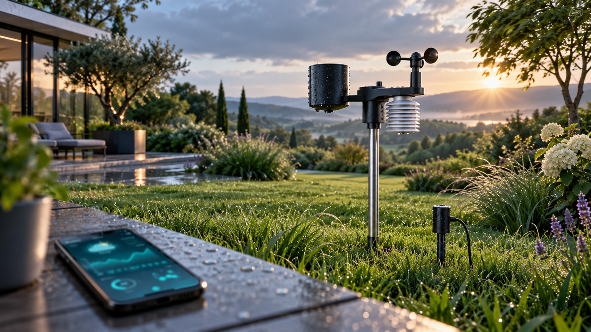 Station météo connectée mesurant pluie, vent et microclimat du jardin