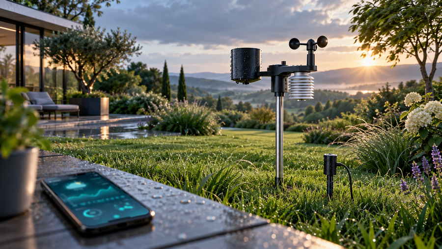 Station météo connectée mesurant pluie, vent et microclimat du jardin